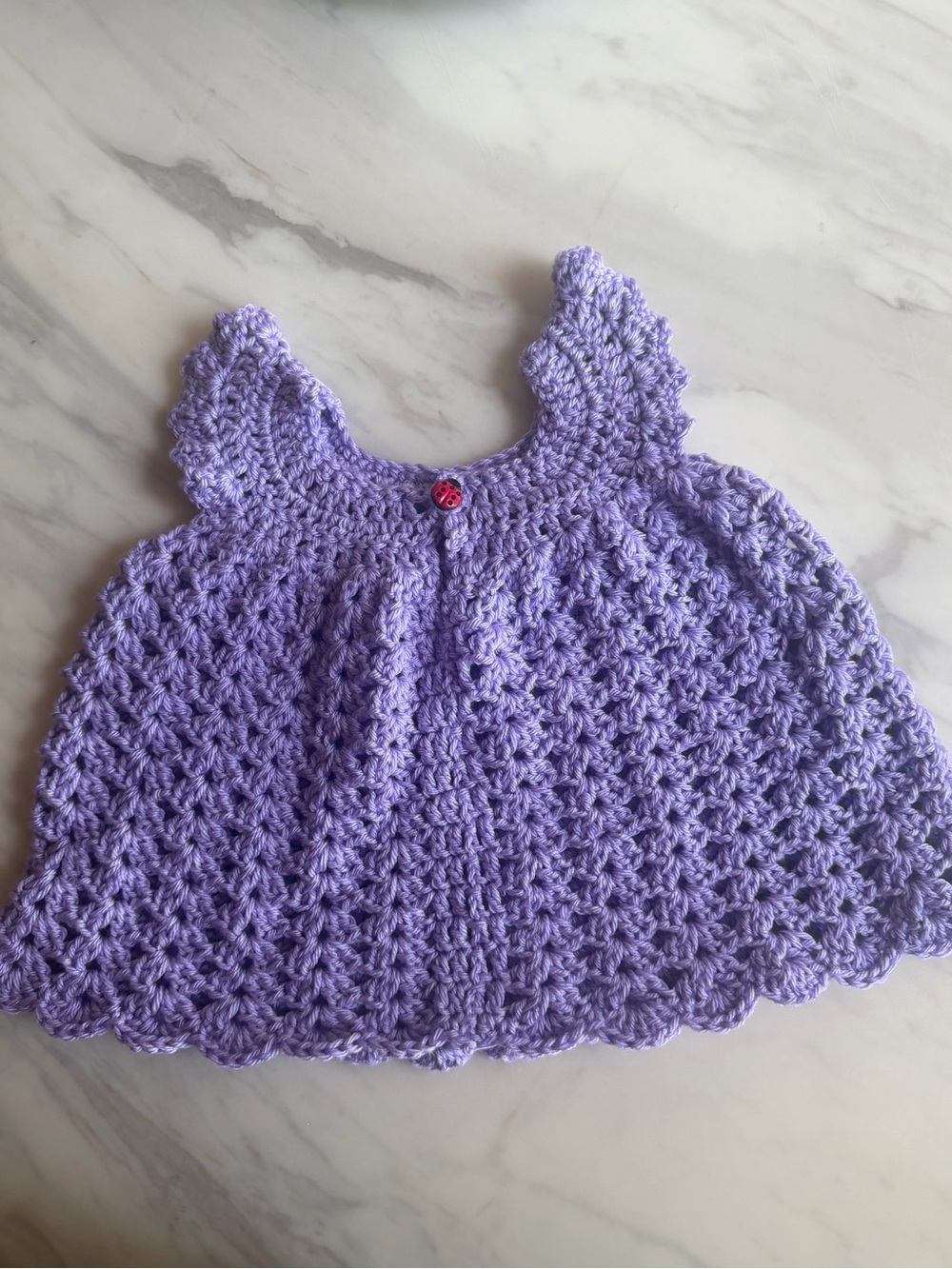 Handmade Crochet Baby Girl Lavender Purple Dress Ladybug Button 6-9 Months
